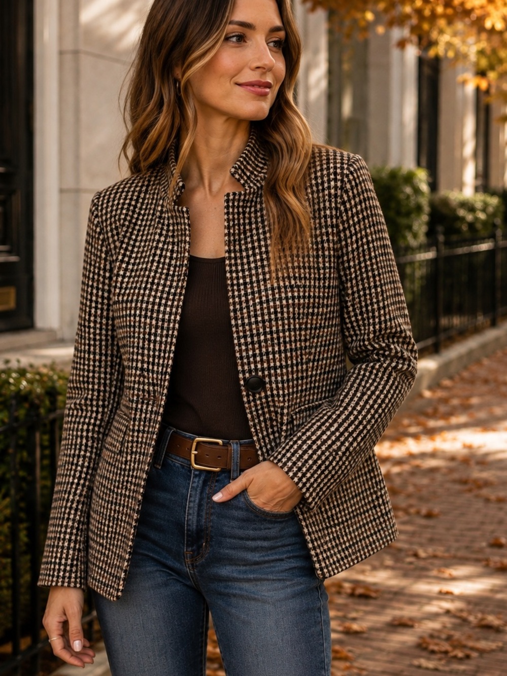 Tailored Brown Houndstooth Single-Button Blazer
